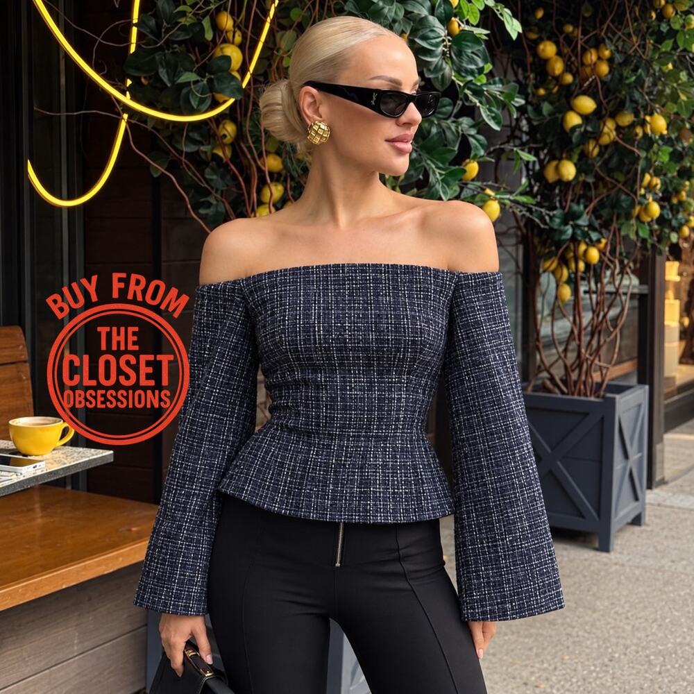 Zara NWT Navy Tweed Off Shoulder Flared Sleeve Top M